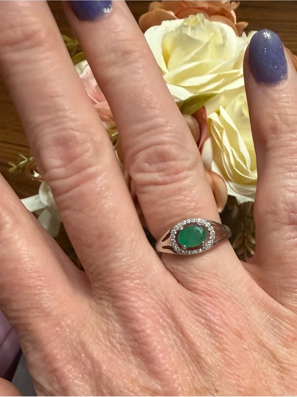 Stunning Natural Emerald .80CT & Zircon Halo 925 Sterling Silver Ring Size 7